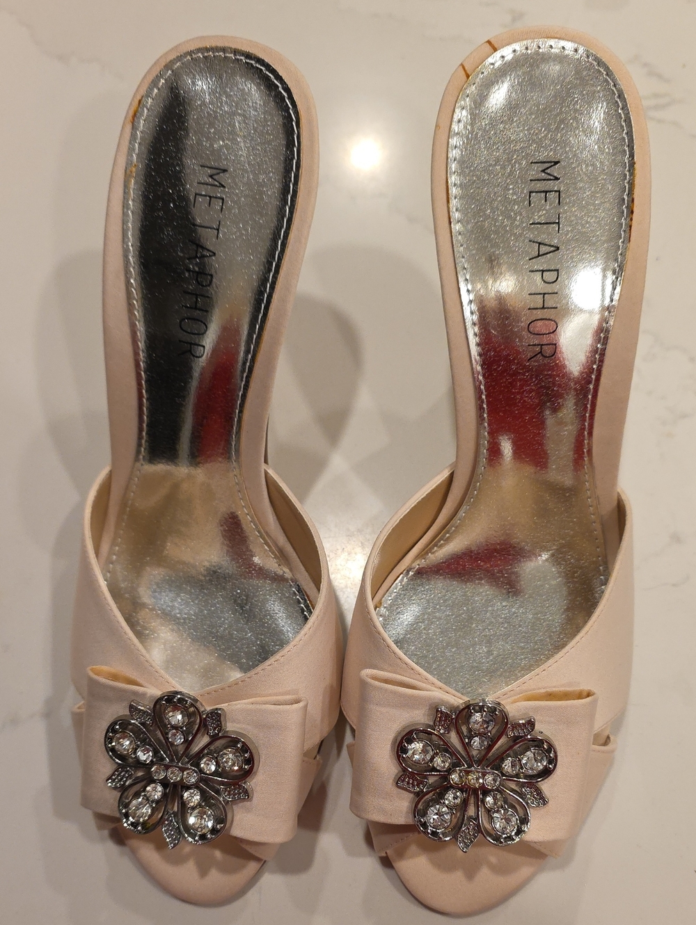 Metaphor Women's Blush Satin Pumps W/Crystal Broach & Bow Embellishlshment.